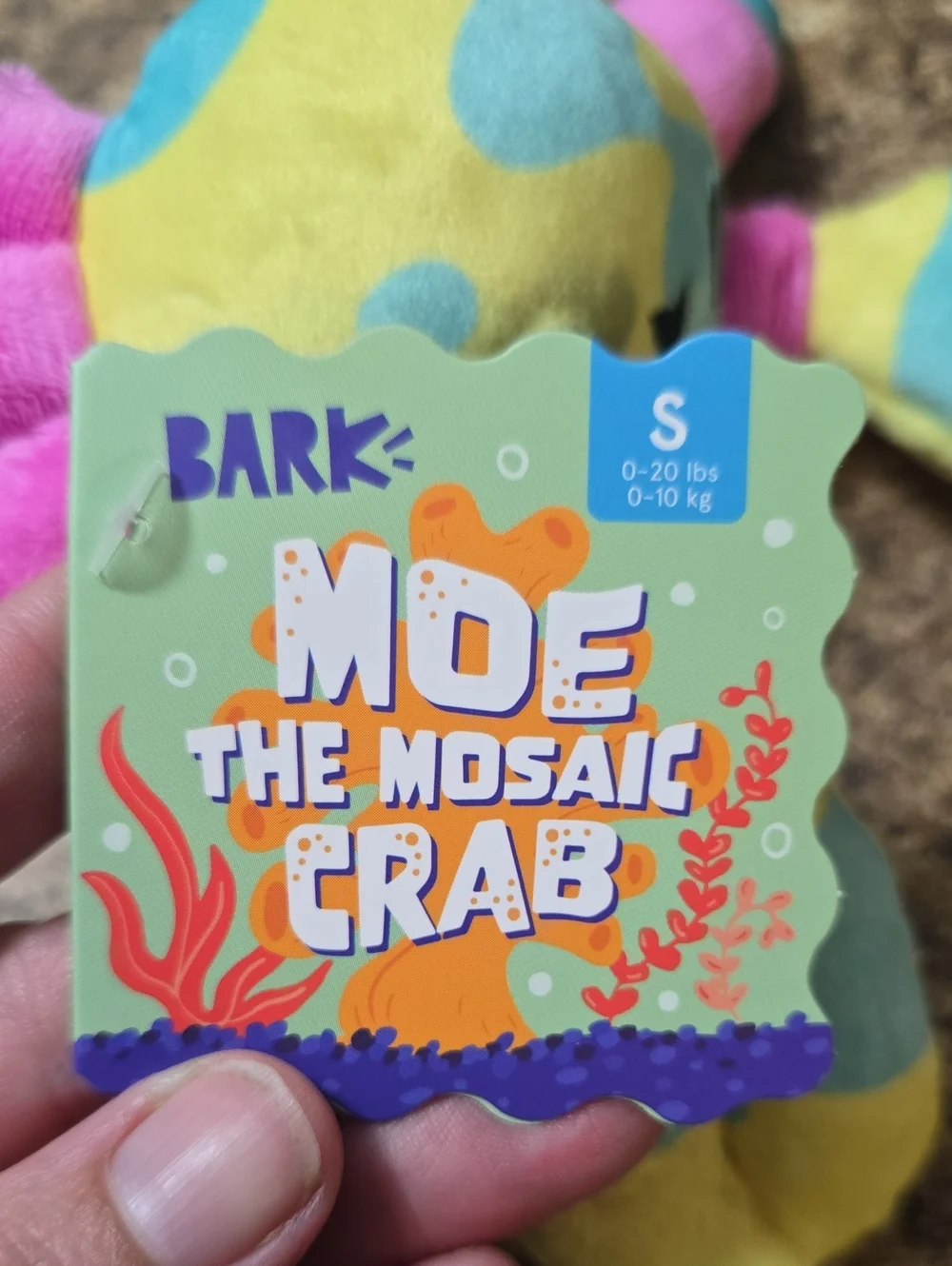 Bark Yellow, Blue, Pink Plush Moe The Mosaic Crab Dog Toy NWT SMALL 0-20 Pounds